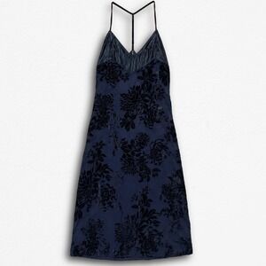 Intimately Free People Burnout Velvet Floral Slip Dress Navy Teal XS T-Back Midi